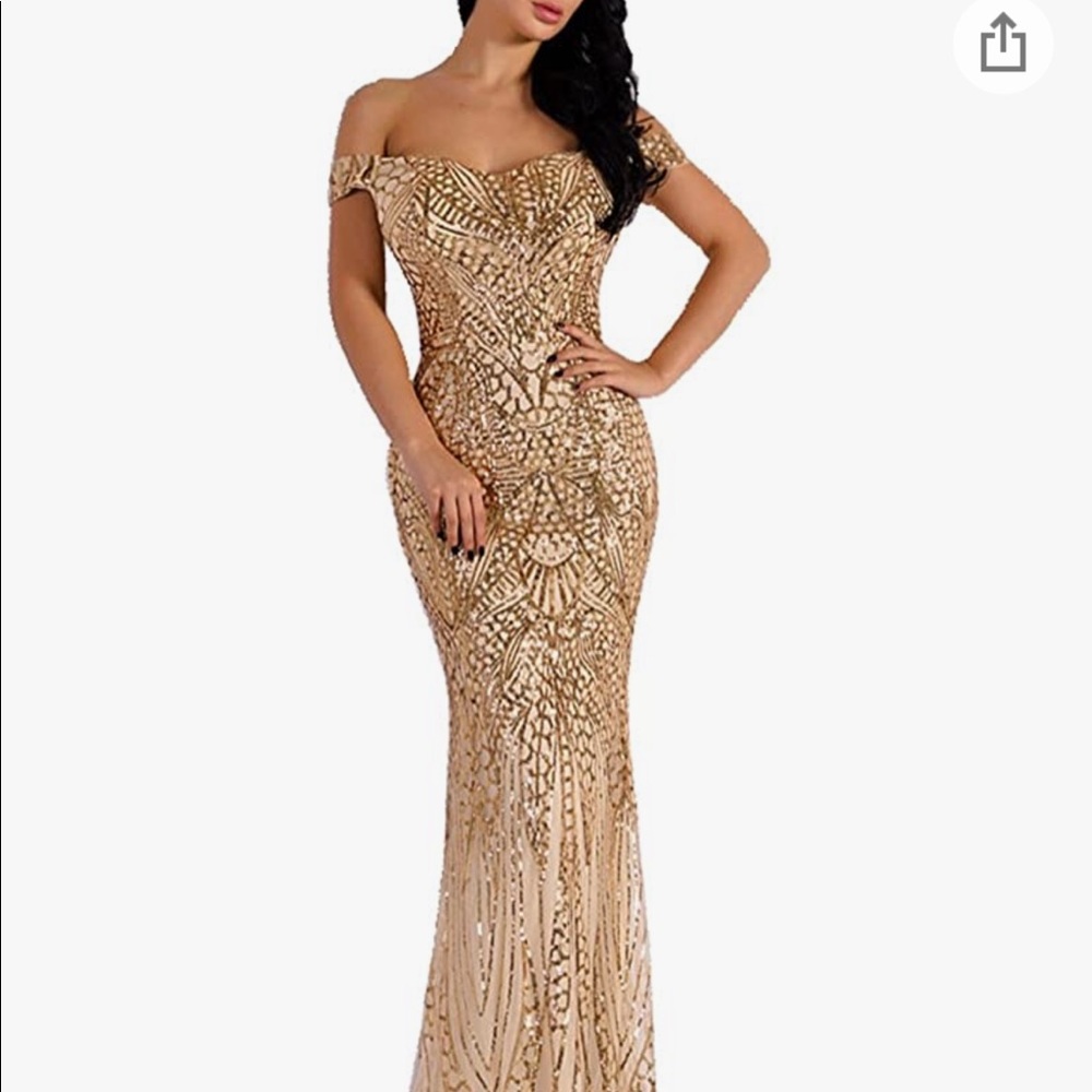 Gold off the shoulder floor length gown